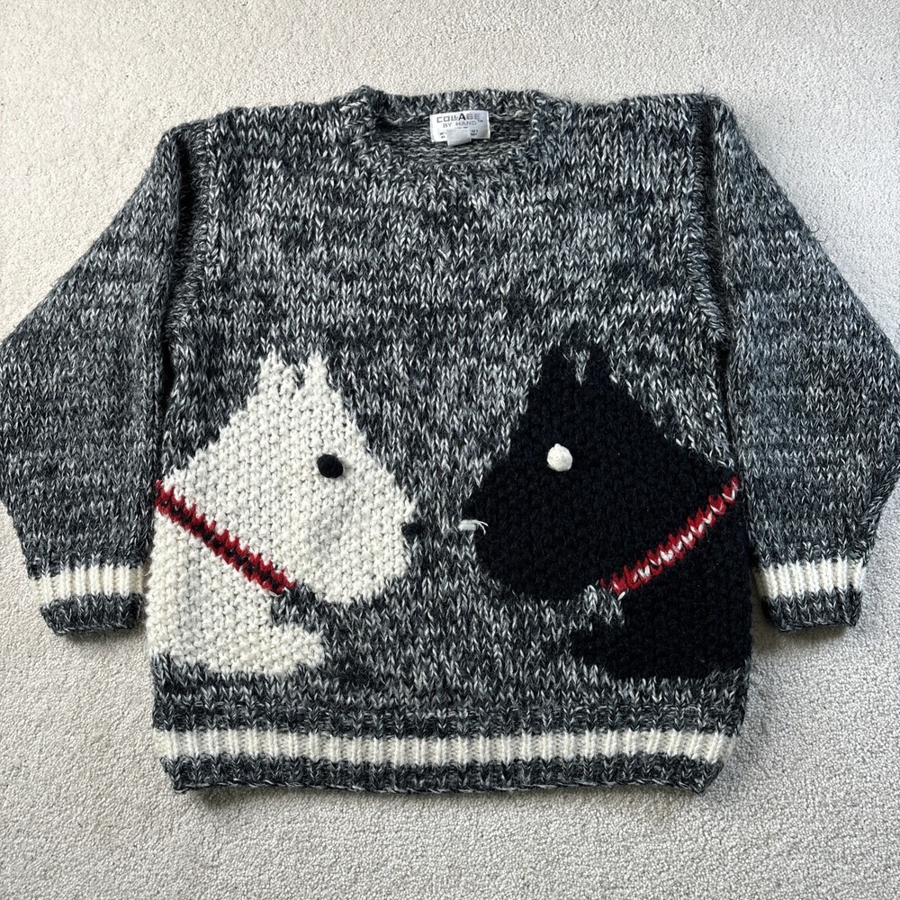 Vtg COLLAGE‎ By Hand Knit Black/White Scotty Dog Thick Acrylic Sweater Sz Large